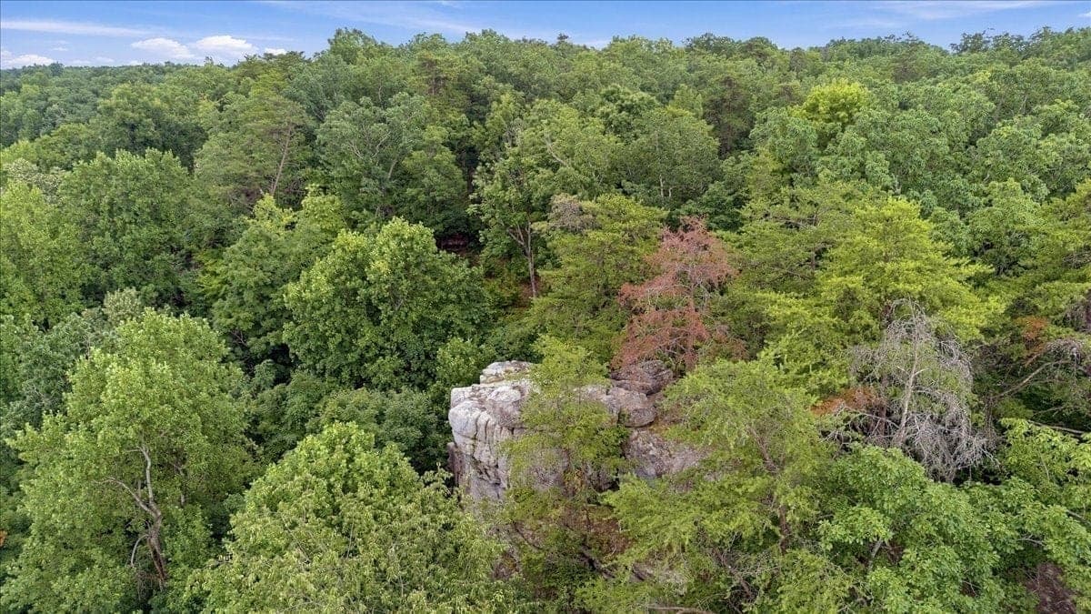 Close aerial view of High Rock, the sandstone formation on Lot 55, the exposed sandstone formation rising from the forested ridge.